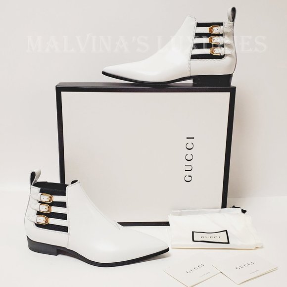 GUCCI BOOTS ANKLE QUEBEC 3 BUCKLE WHITE LEATHER POINTED TOE sz 37.5 7.5 - Picture 2 of 15